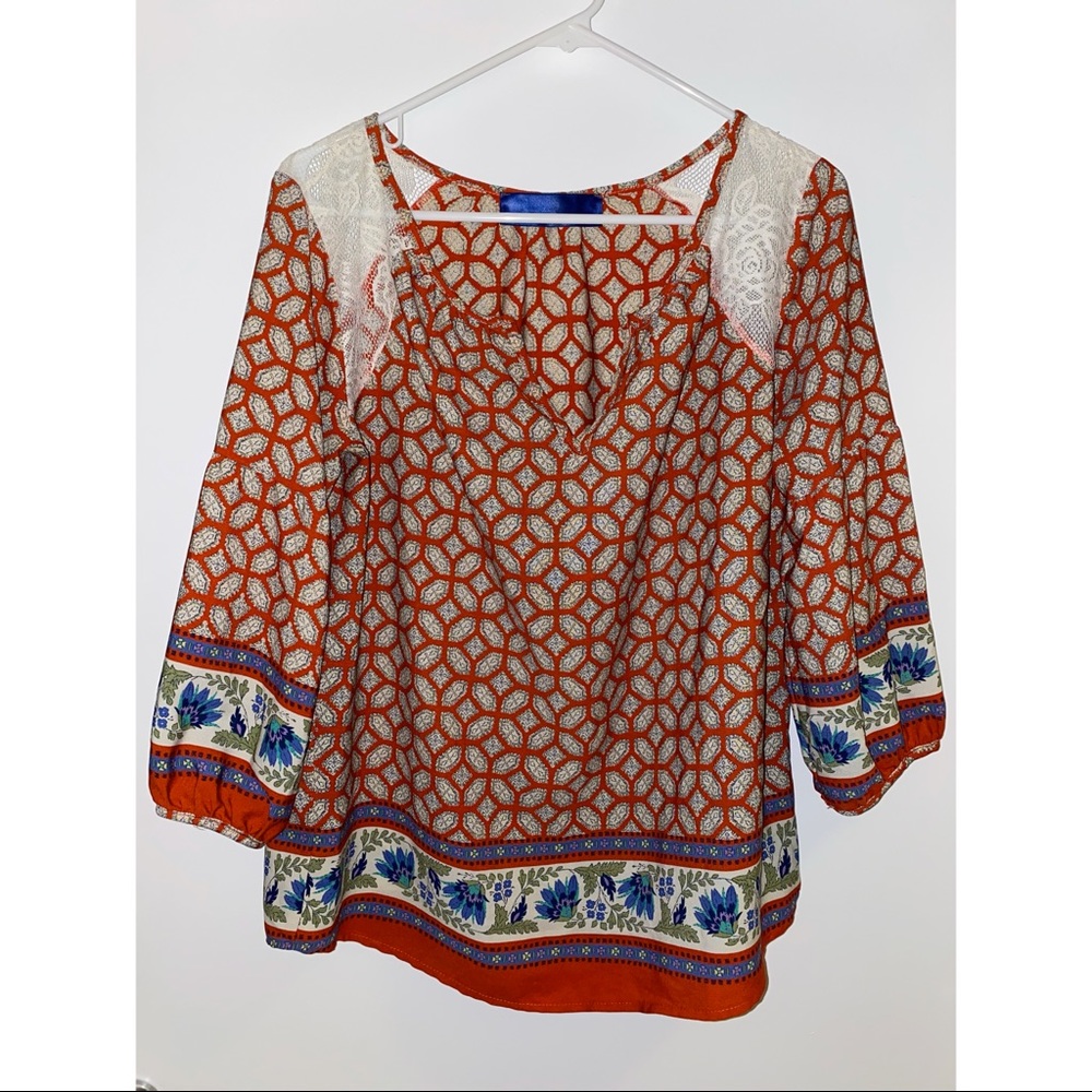 Paisley/ floral design shirt with lace shoulders